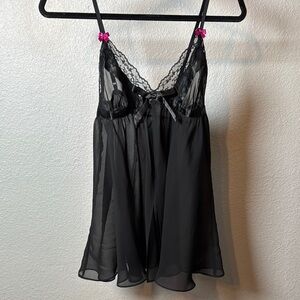 Betsey Johnson Elegant Black Lace Pink Bow Babydoll Intimates Top